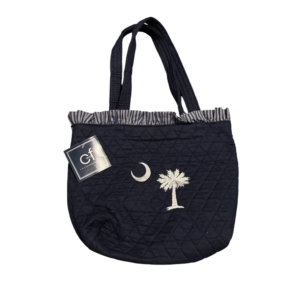 Quilted Tote Bag‎ Navy Blue Palmetto Moon Embroidery Ruffle Top